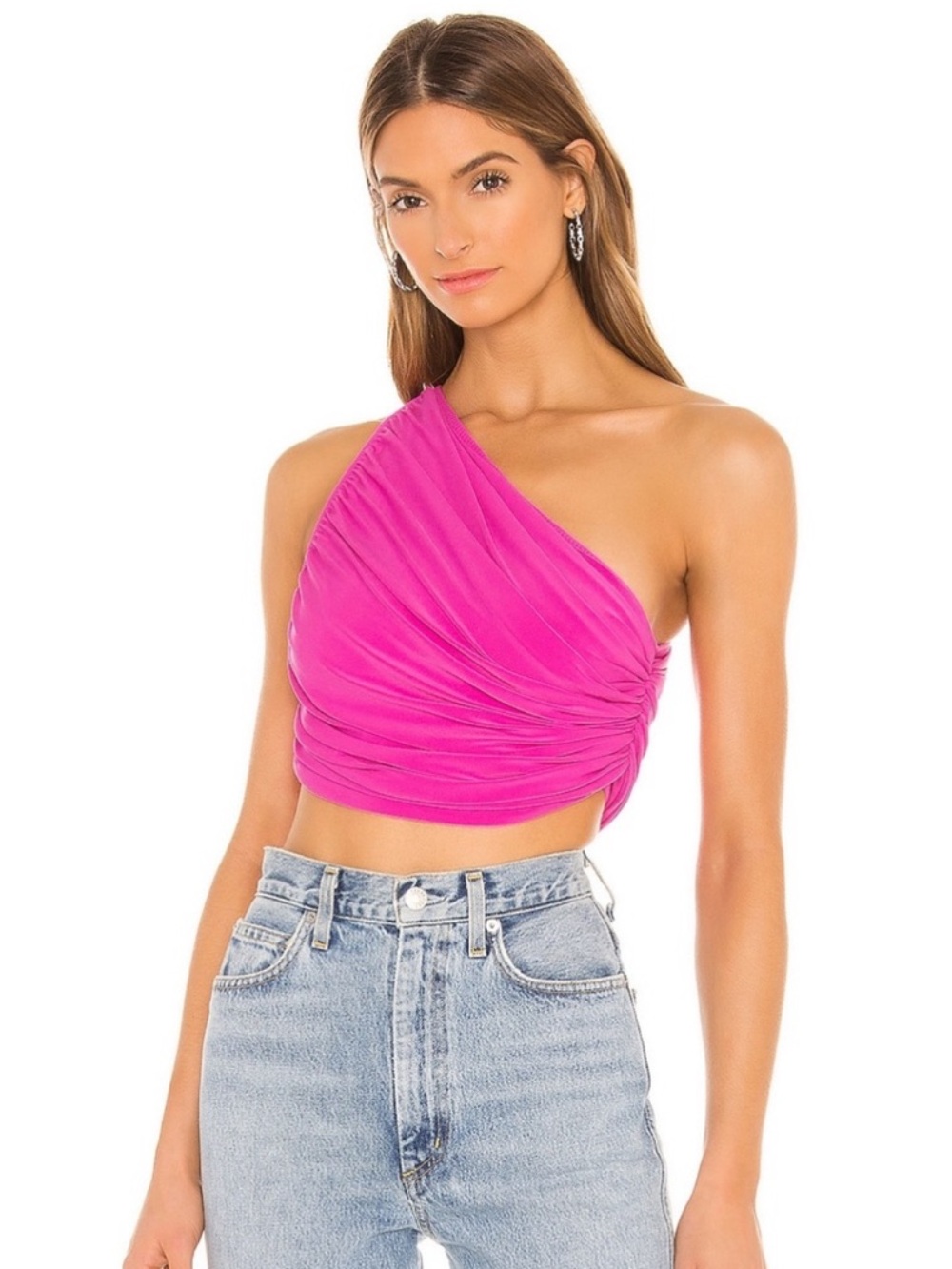 Norma Kamali x REVOLVE One-Shoulder Ruched Diana Crop Top in Hot Pink
